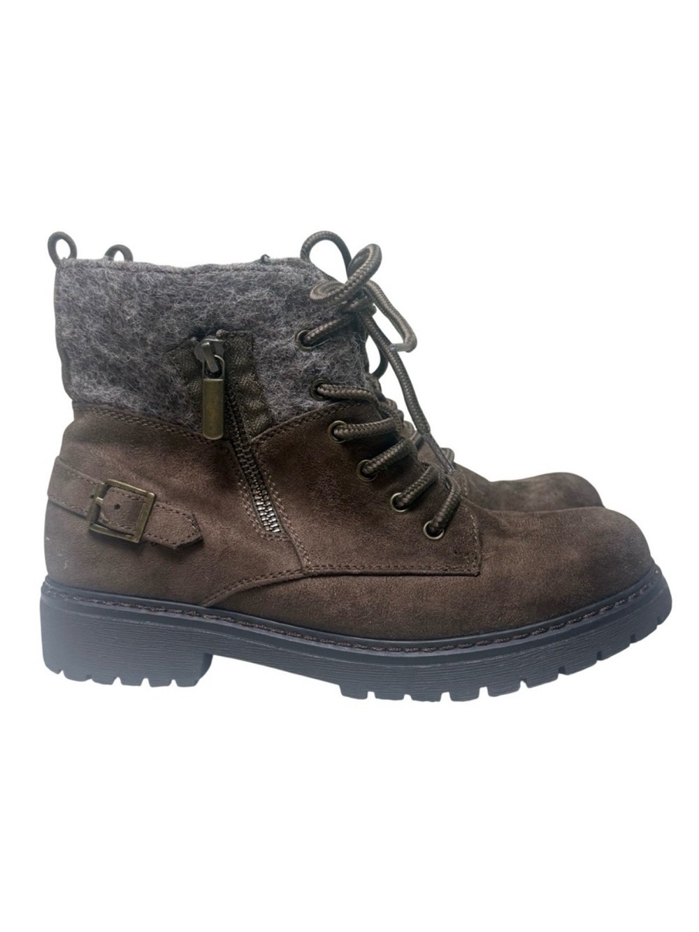 Womens Lace Up Hiking Boots Brown Faux Suede Wool Trim Size 7 Outdoor  Granola